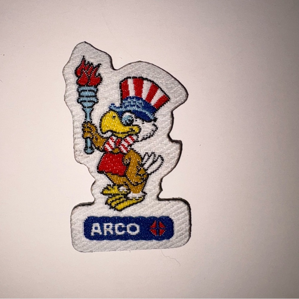 Vintage 1984 Sam the Olympic Eagle & Arco Gas Patch 1.25”x2” Carrying Torch